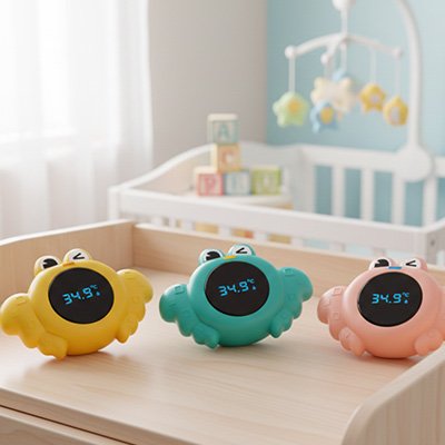 Trois thermomètres de bain pour bébé posés au bord d'une baignoire : modèle digital, modèle à indicateur de couleur et jouet flottant